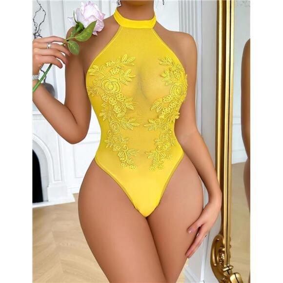Women Teddy Lingerie Sexy Mesh Bodysuit Yellow - Picture 3 of 4